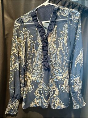 Navy Blue Ruffled V-Neck Paisley Blouse Never worn